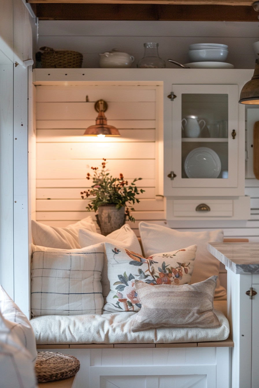 Cozy corner with plush pillows on a bench under warm lighting with a rustic cabinet and shelves holding dishes in the background.
