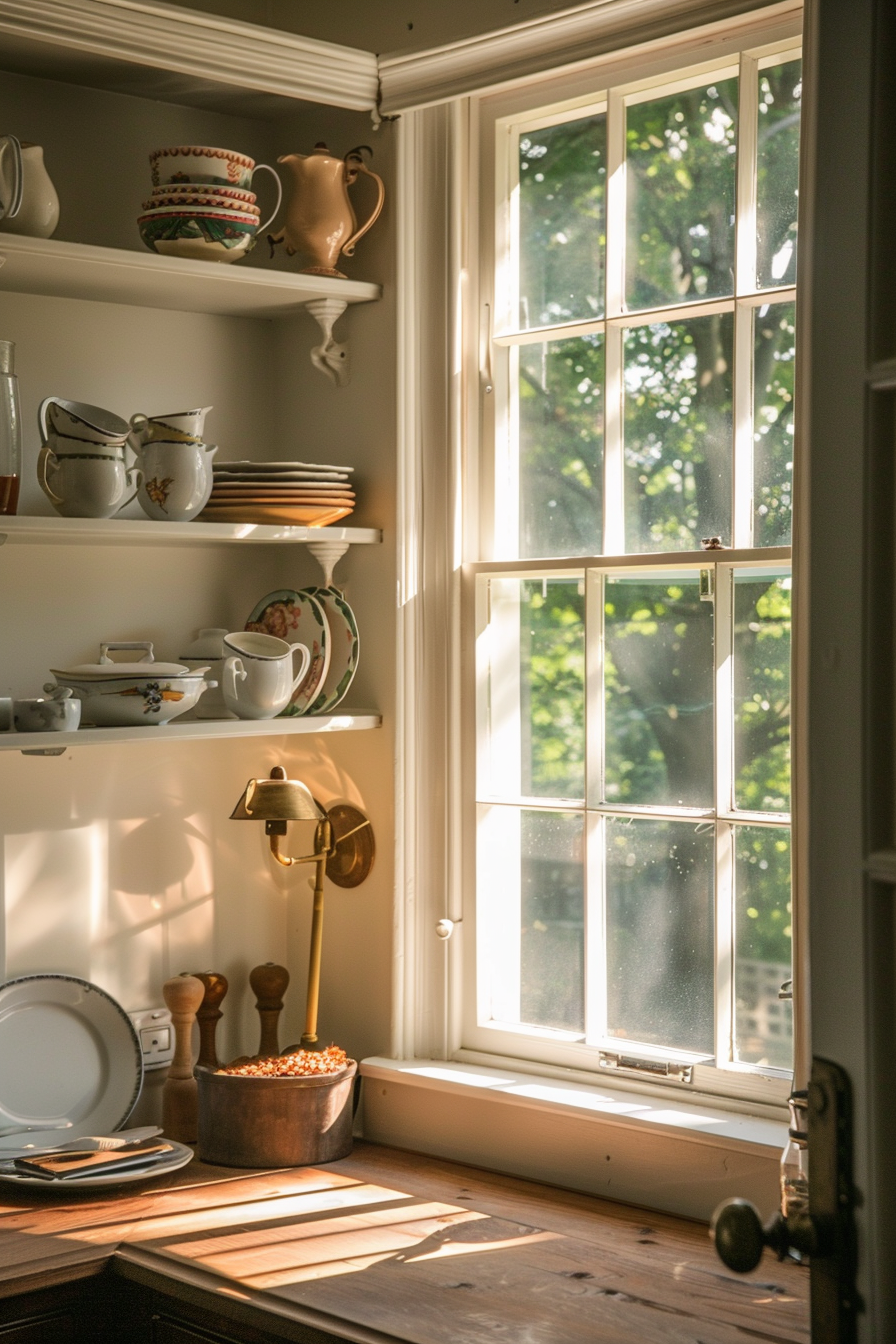 Warm sunlight streams through a kitchen window, illuminating shelves of dishes and a wooden tabletop with a brass lamp and pepper mills.