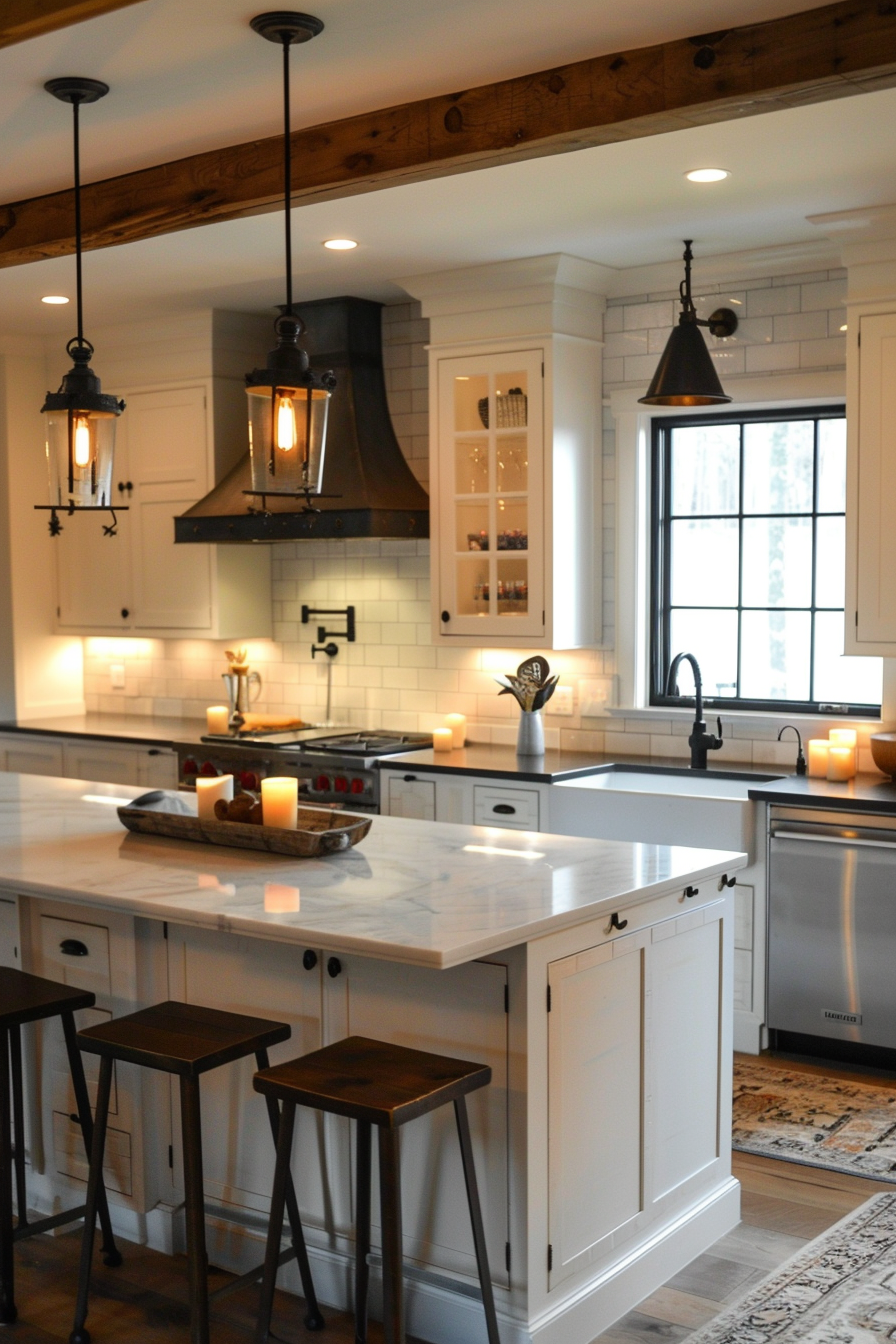 Modern kitchen with white cabinetry, marble countertops, black accents, exposed wooden beams, and pendant lighting.