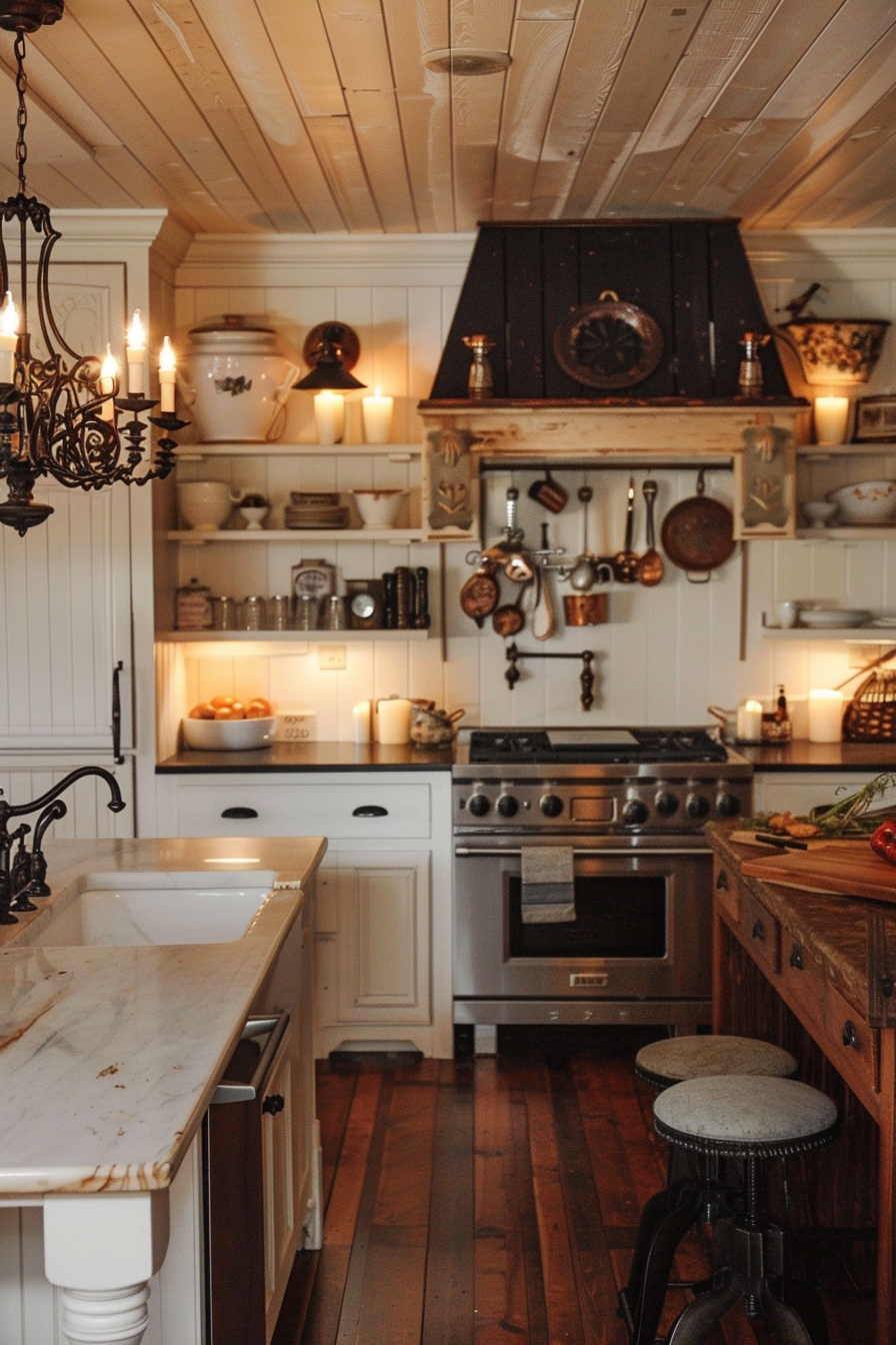 Cozy rustic kitchen interior with wooden countertops, white farmhouse sink, open shelving, and vintage utensils and decor.