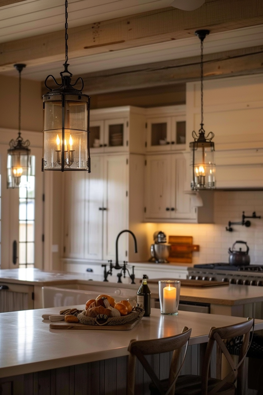 Cozy kitchen interior with hanging lanterns, wooden countertop island with pastries, candle, and modern appliances.