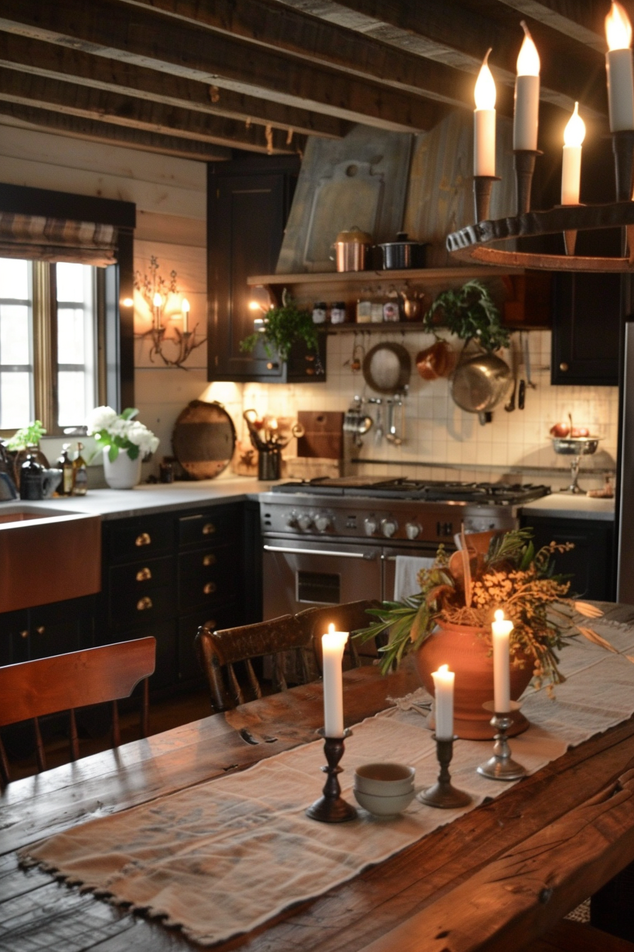 Alt text: Cozy kitchen with exposed wooden beams, dark cabinets, a vintage stove, and lit candles on a rustic wooden table.
