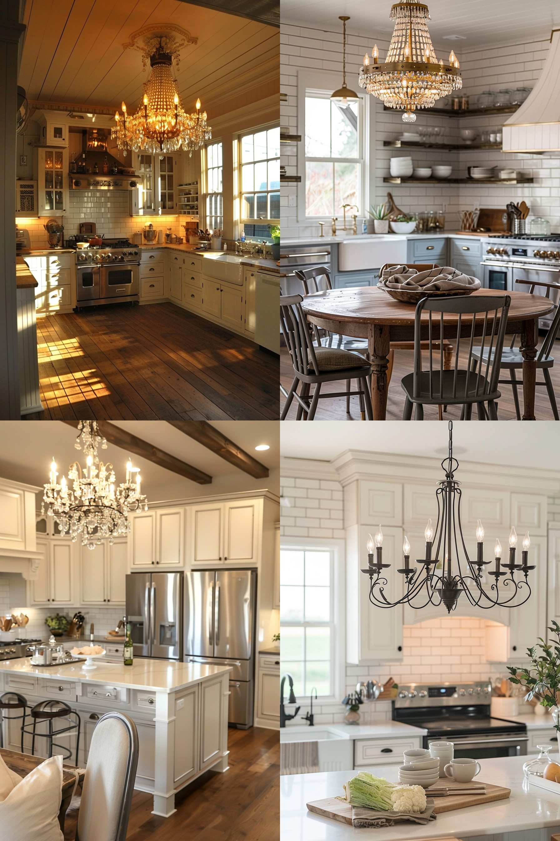 A collage of four elegant kitchens featuring chandeliers, white cabinetry, and wooden floors displaying warm, homey interiors.