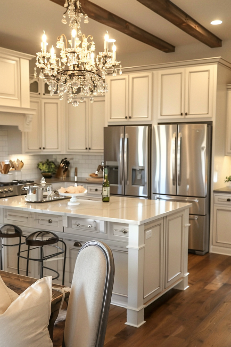 Elegant kitchen interior with white cabinets, stainless steel appliances, and a crystal chandelier above an island.