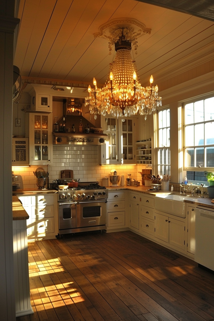 Cozy kitchen interior with wooden floors, cabinets, a chandelier, and warm sunlight filtering through the windows.