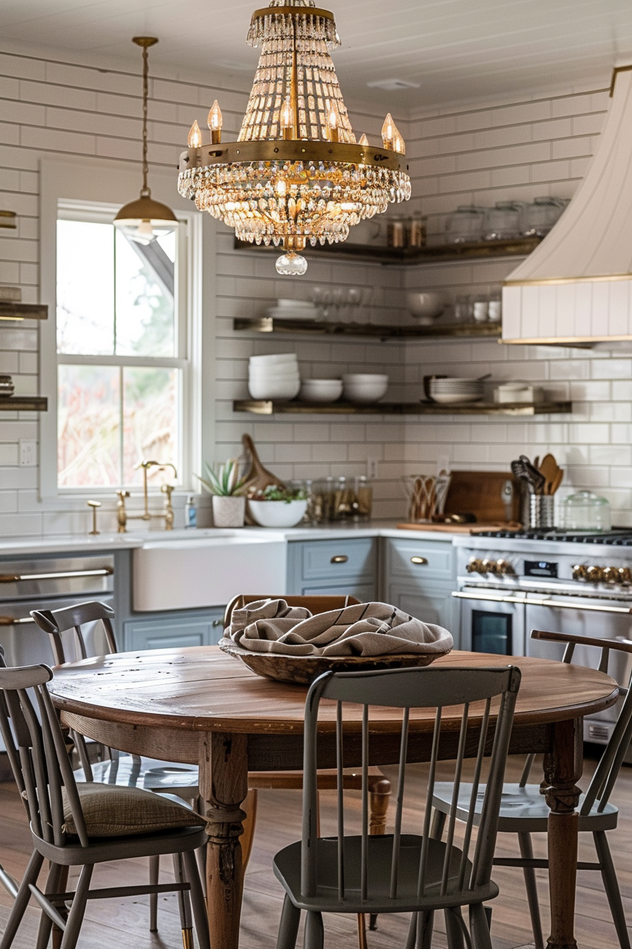 Elegant kitchen interior with a sparkling chandelier above a wooden dining table, surrounded by grey chairs and white open shelving.