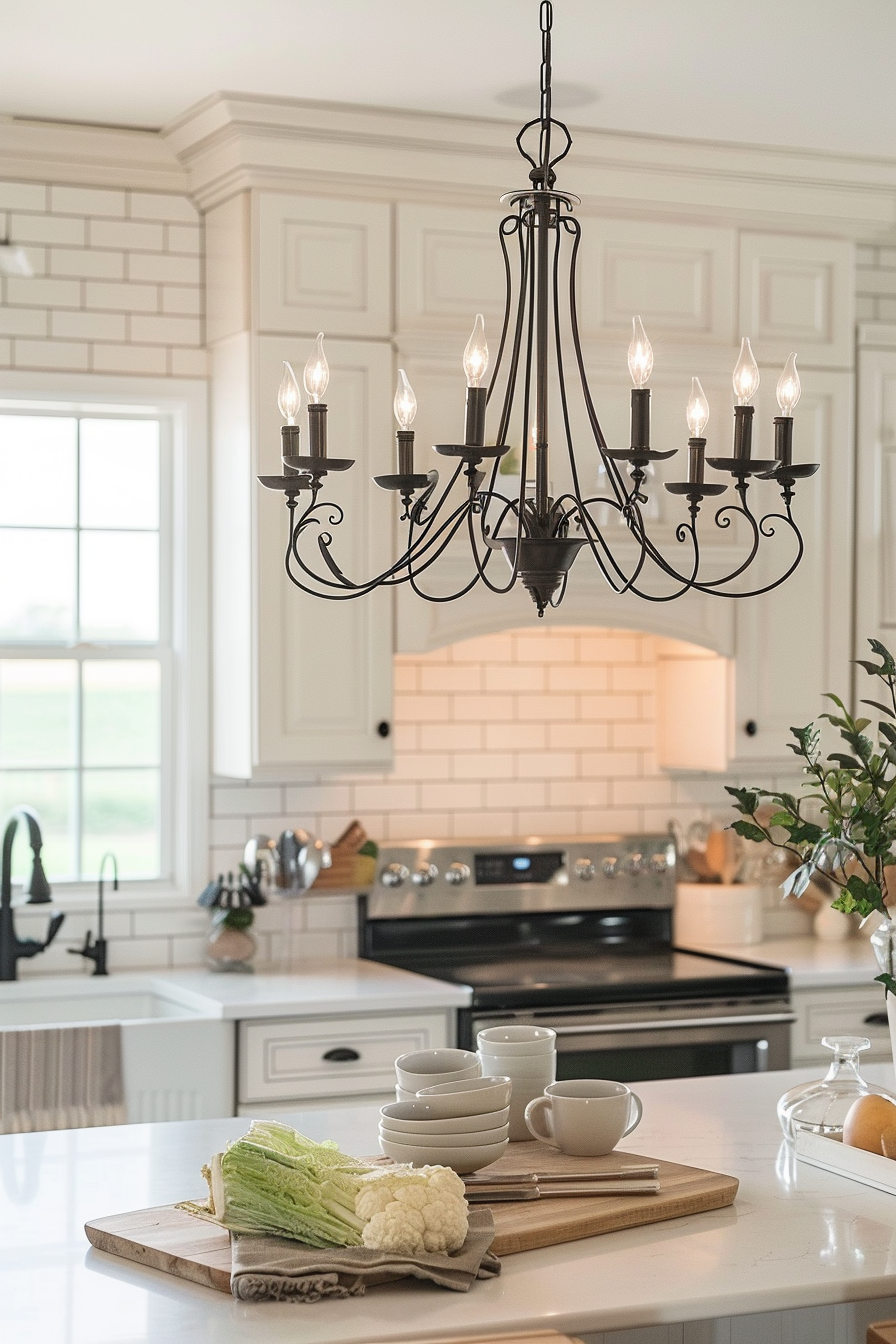 An elegant chandelier hangs above a kitchen island with neatly arranged bowls, cups, and fresh vegetables.