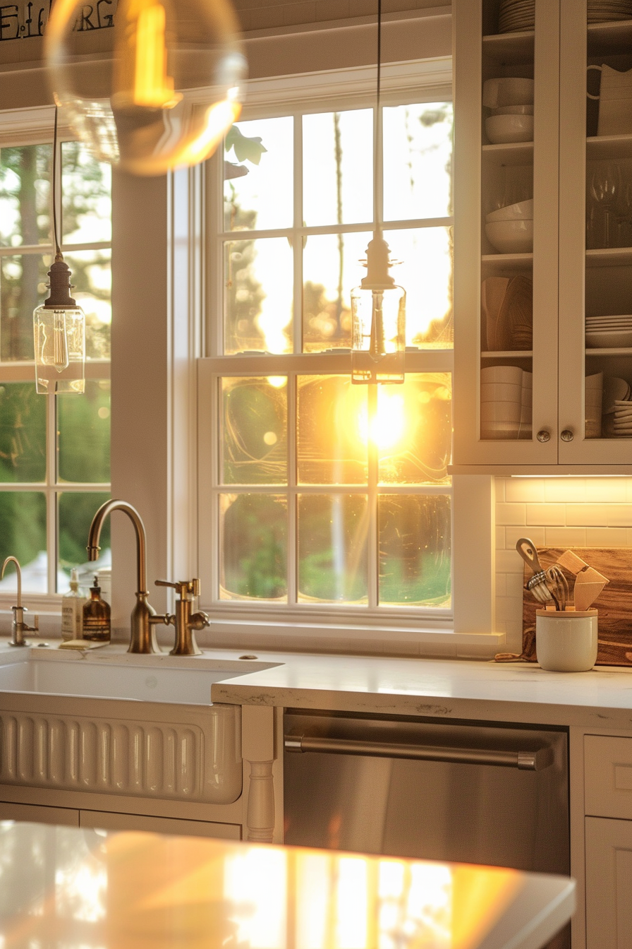 Warm sunlight streams through a kitchen window, casting a glow over white countertops, farmhouse sink, and hanging glass pendant lights.