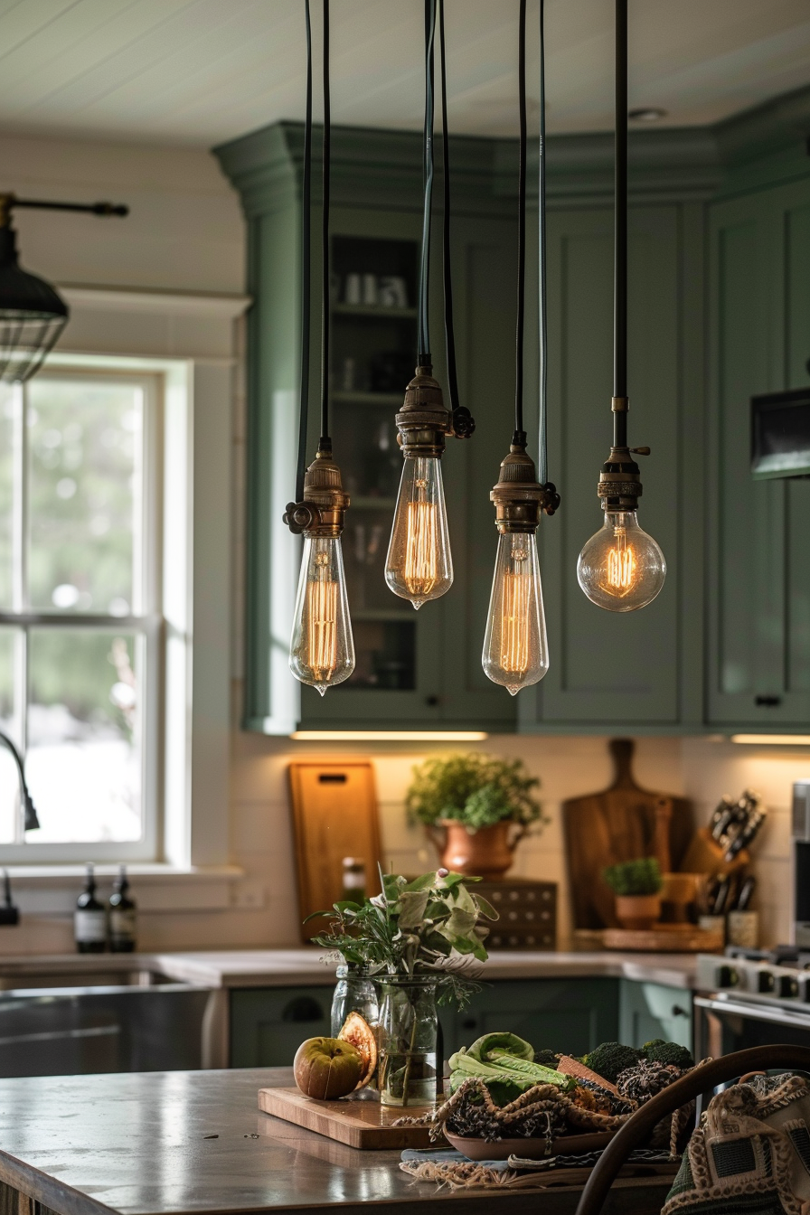 ALT: Edison light bulbs hanging above a kitchen island with green cabinets in the background, creating a warm and cozy ambiance.