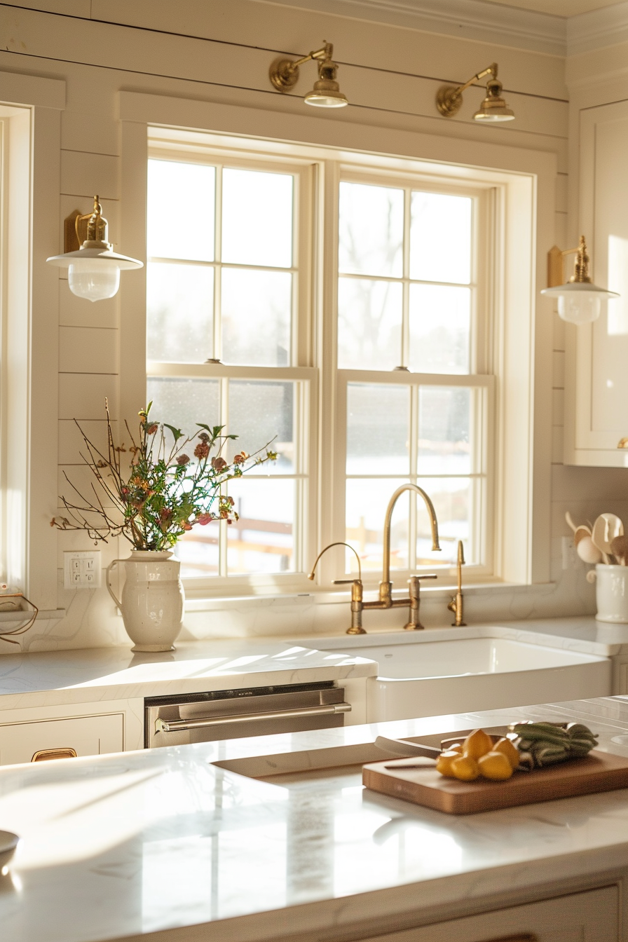 Sunlit kitchen interior with golden brass fixtures, a bouquet of flowers on the windowsill, and lemons on a cutting board.