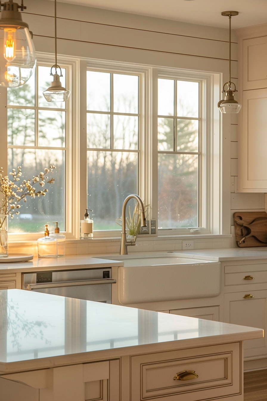 A warm, sunlit kitchen with white cabinetry, a marble countertop island, pendant lights, and a view of the outdoors through large windows.