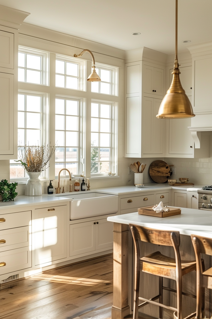Bright, modern kitchen with white cabinetry, a farmhouse sink, gold accents, and a wooden island with stools.