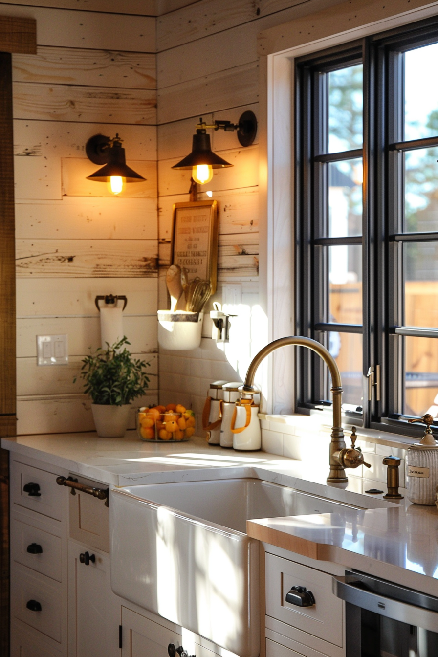 Warmly lit kitchen corner with white cabinetry, a farmhouse sink, wooden wall, and decorative lighting.