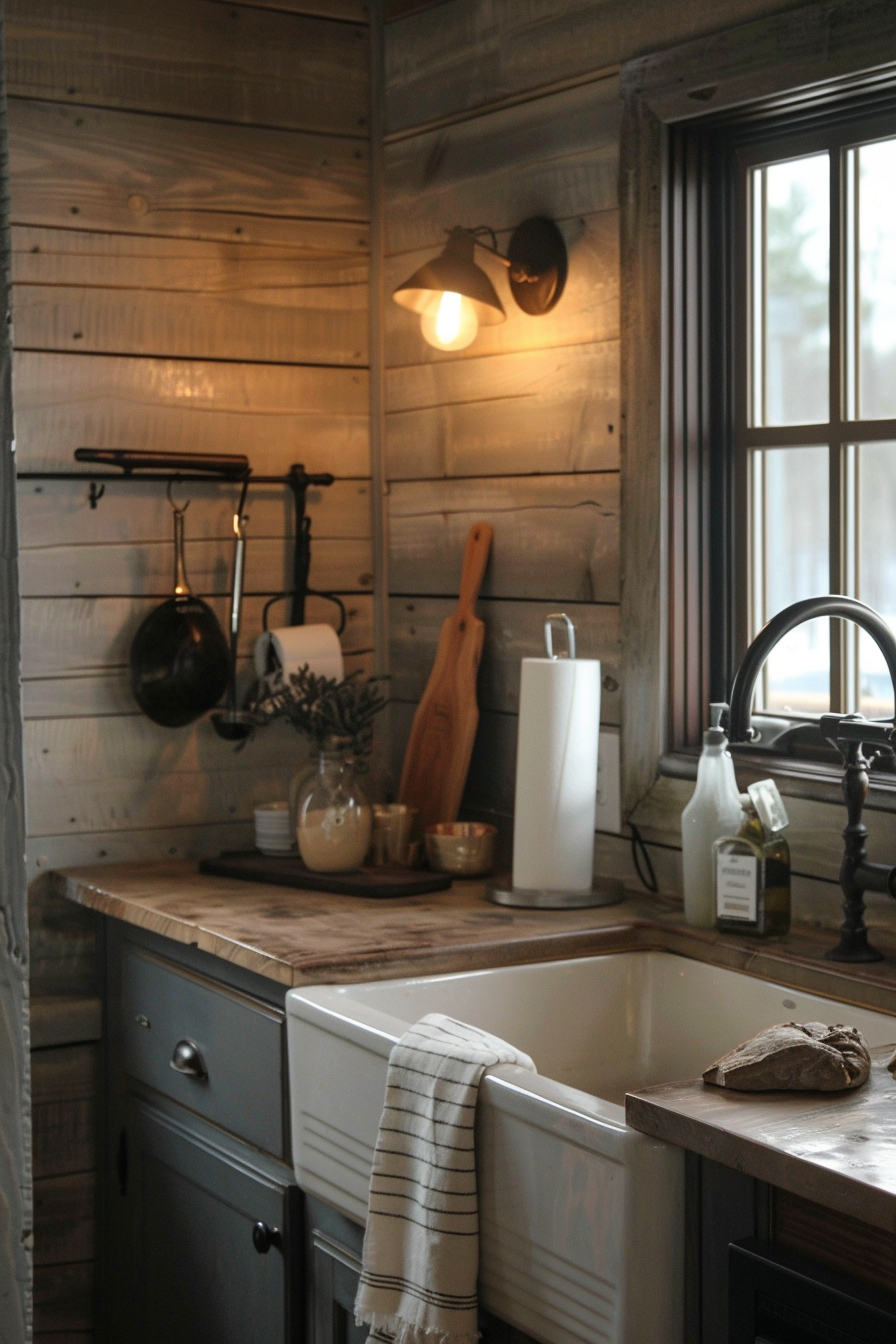 Rustic kitchen interior with wooden walls, farmhouse sink, countertop, and warm lighting from a hanging lamp.