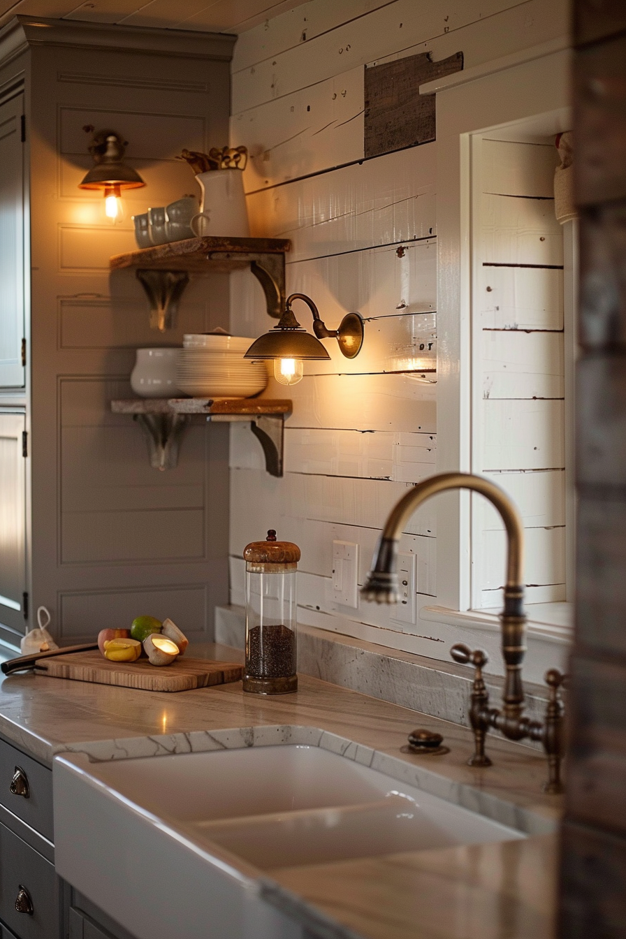 Warmly lit rustic kitchen corner with open shelving, vintage-style sink, and classic fixtures.