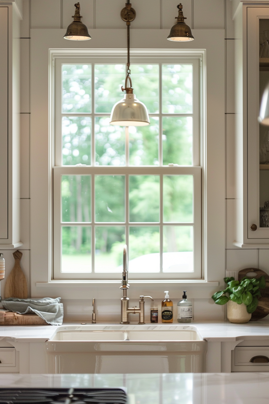 Bright kitchen interior with farmhouse sink, brass fixtures, and pendant lights, looking out to greenery through a large window.