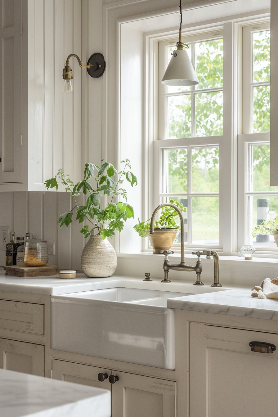 Bright kitchen scene with a farmhouse sink, traditional faucet, and green plants on the windowsill bathed in natural light.