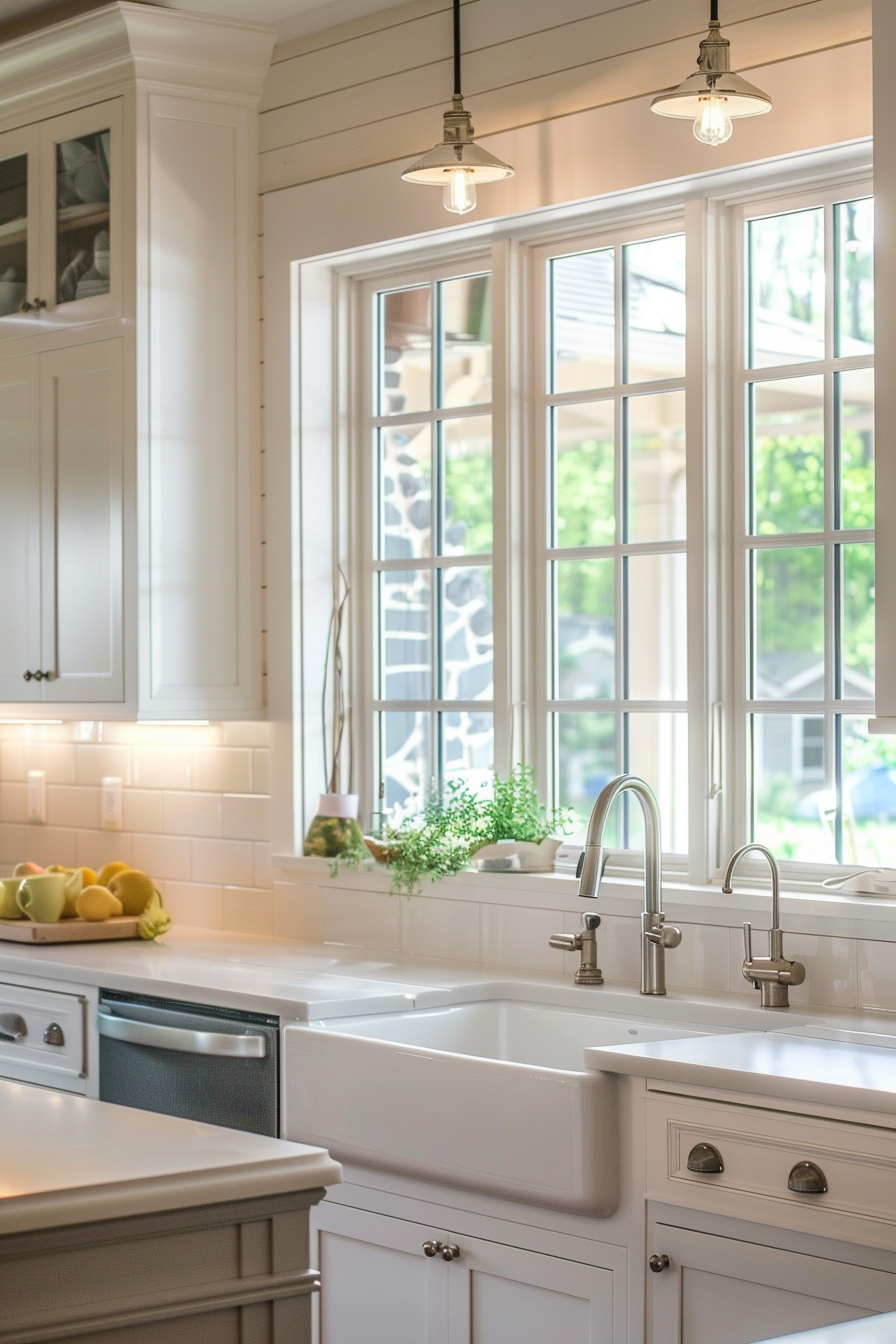 Bright, sunlit kitchen corner with white cabinets, a farmhouse sink, subway tile backsplash, and pendant lights.