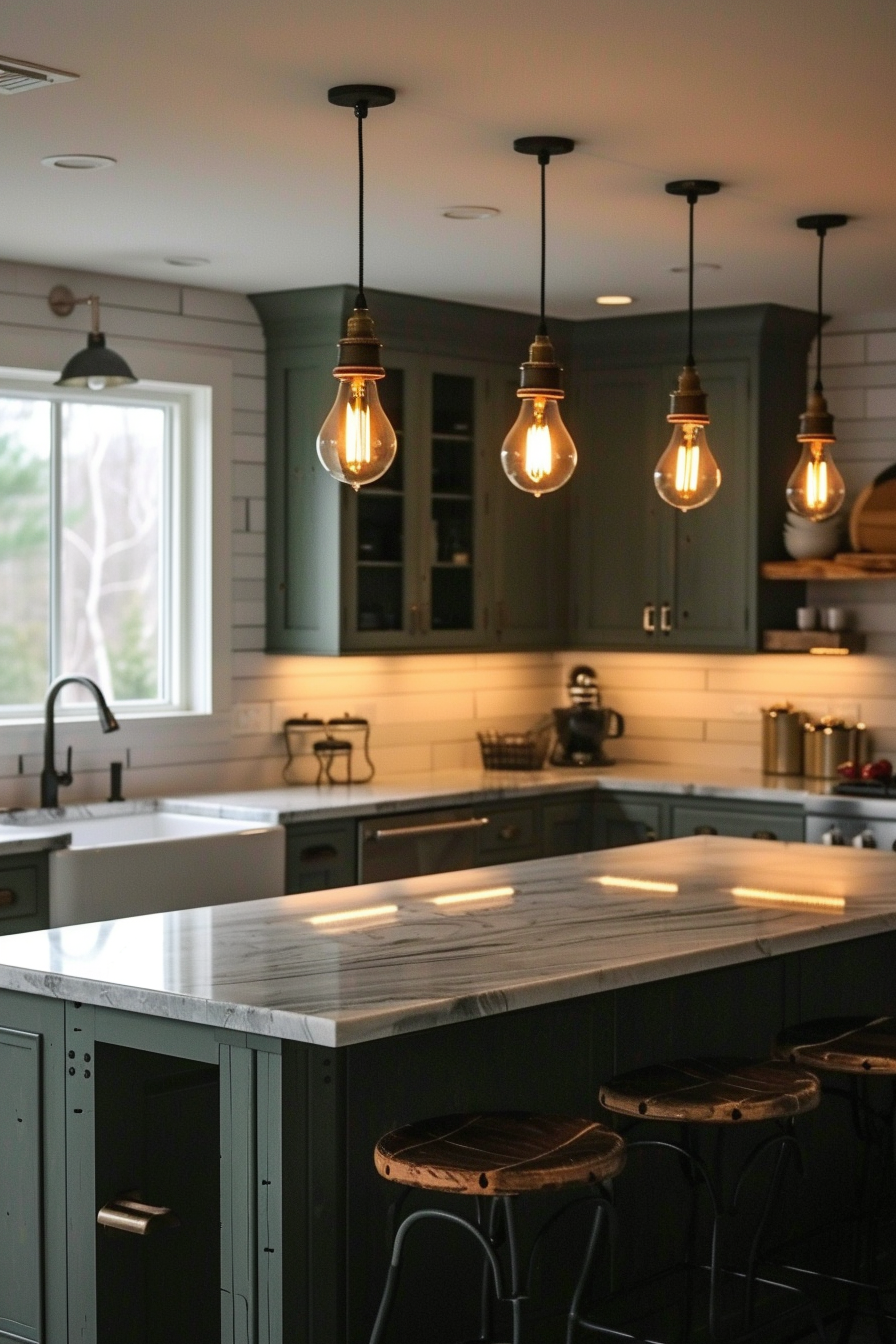 A cozy kitchen with subway tiles, a central island, hanging Edison bulb lights, and rustic stools under warm ambient lighting.