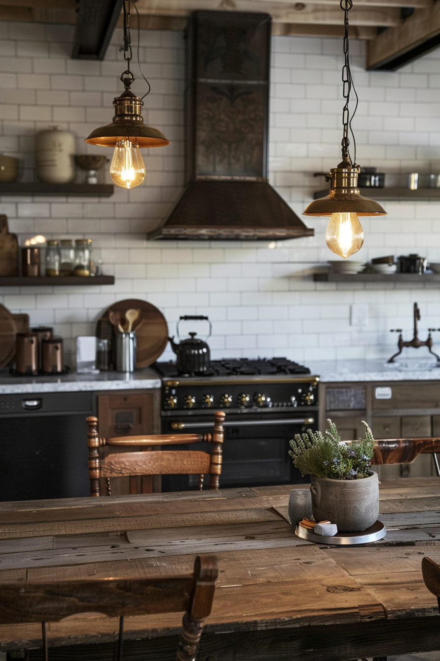 Rustic kitchen interior with Edison bulb lighting, wood table, and vintage stove.