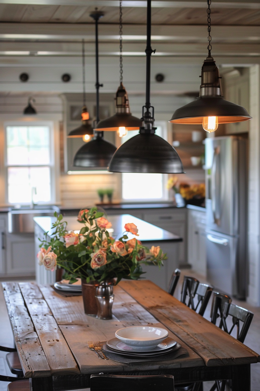 A cozy kitchen interior with industrial pendant lights over a wooden table set with plates and a vase of roses.