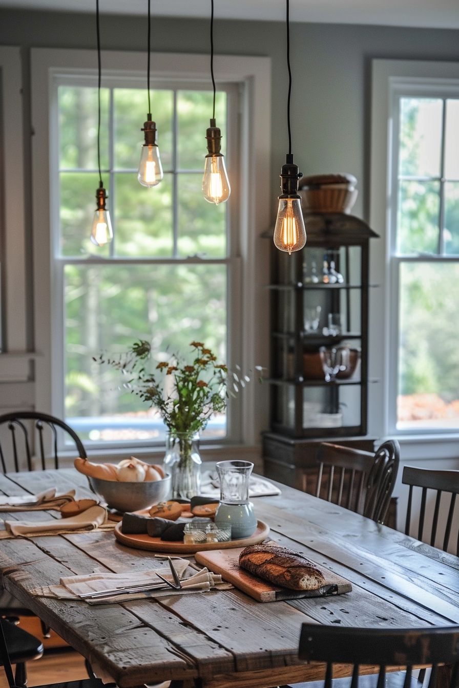 A cozy dining room with a rustic wooden table set with bread and utensils, pendant lights above, and a cabinet by the window.