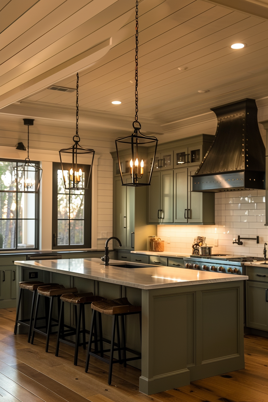 Elegant kitchen interior with hanging lights, a large island with stools, white subway tiles, and dark wood flooring.