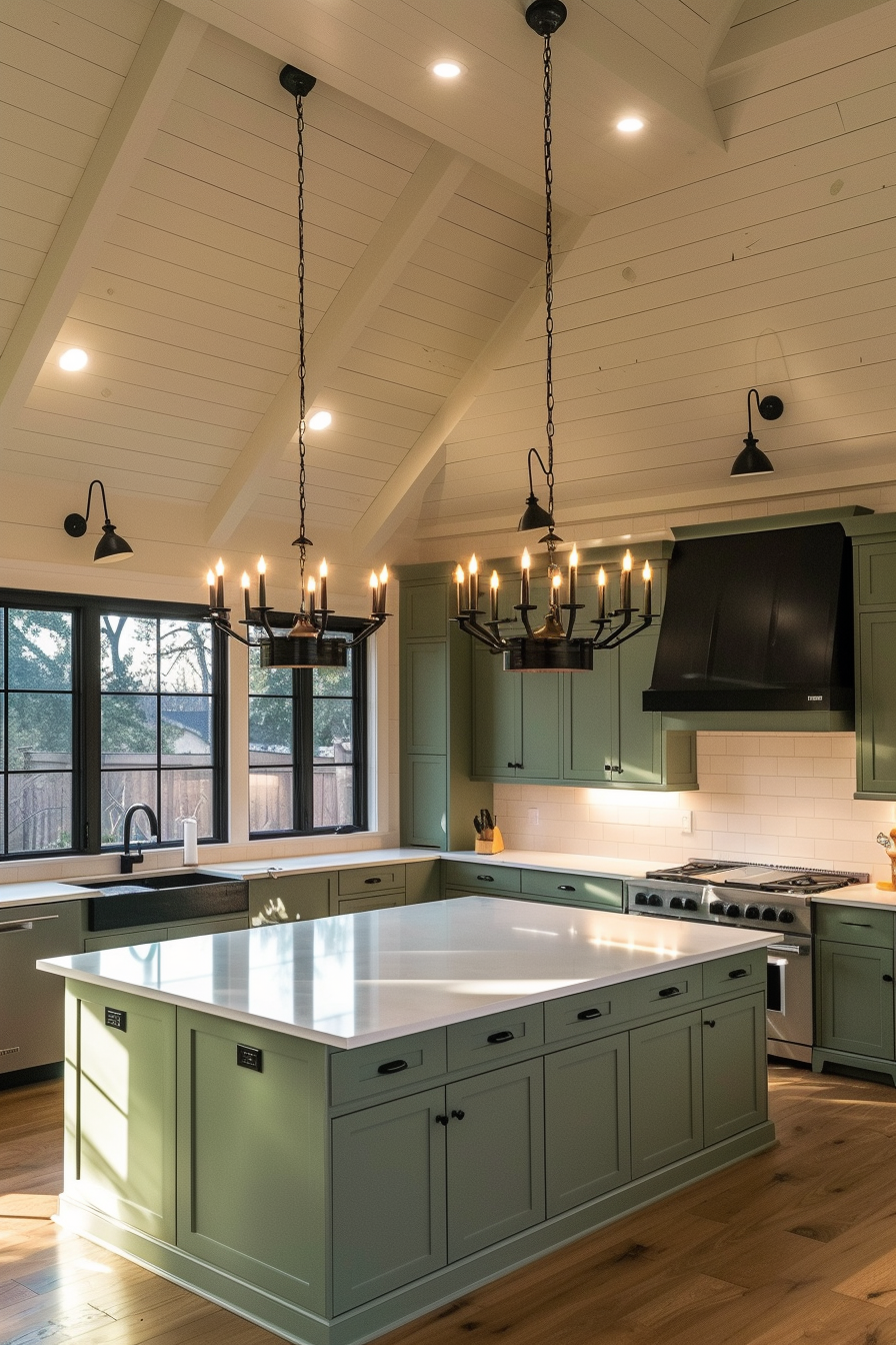 Modern kitchen interior with green cabinetry, a large center island, two chandeliers, and vaulted ceilings with recessed lighting.