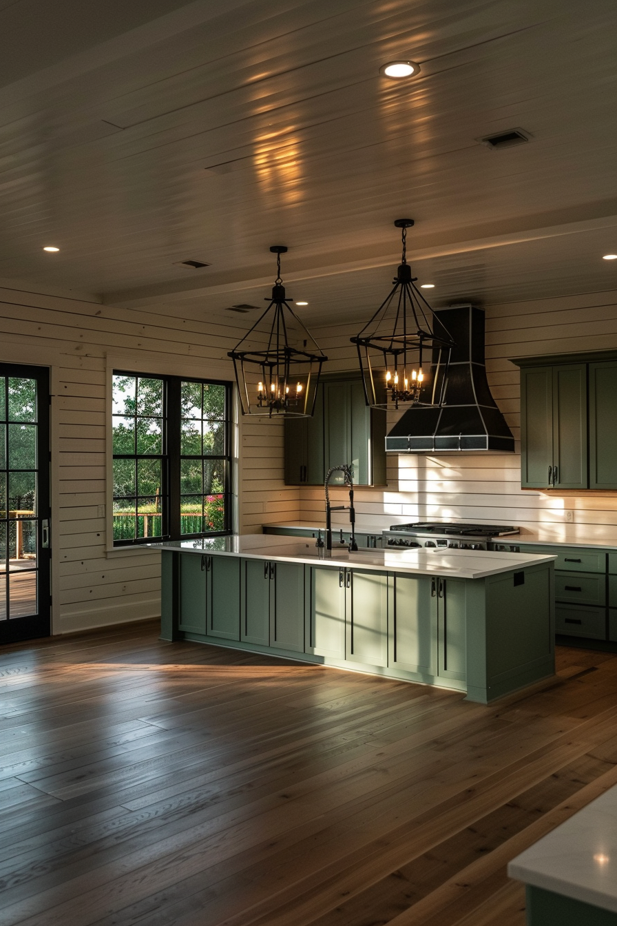 Elegant kitchen interior with green cabinets, hardwood floors, and two black pendant lights. Natural light streams in from the window.