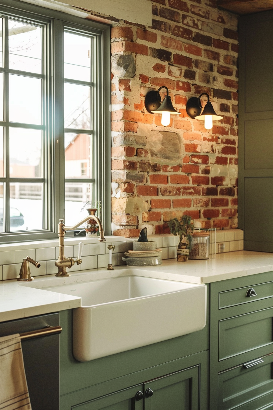Cozy kitchen corner with a farmhouse sink, brass faucet, sage green cabinets, and exposed brick wall illuminated by pendant lights.