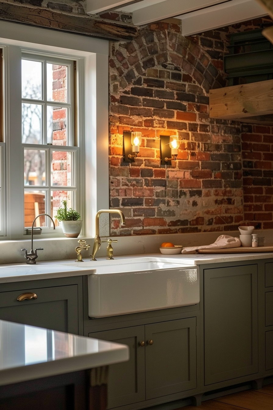 Cozy kitchen corner with exposed brick wall, warm sconce lighting, farmhouse sink, and green cabinetry.