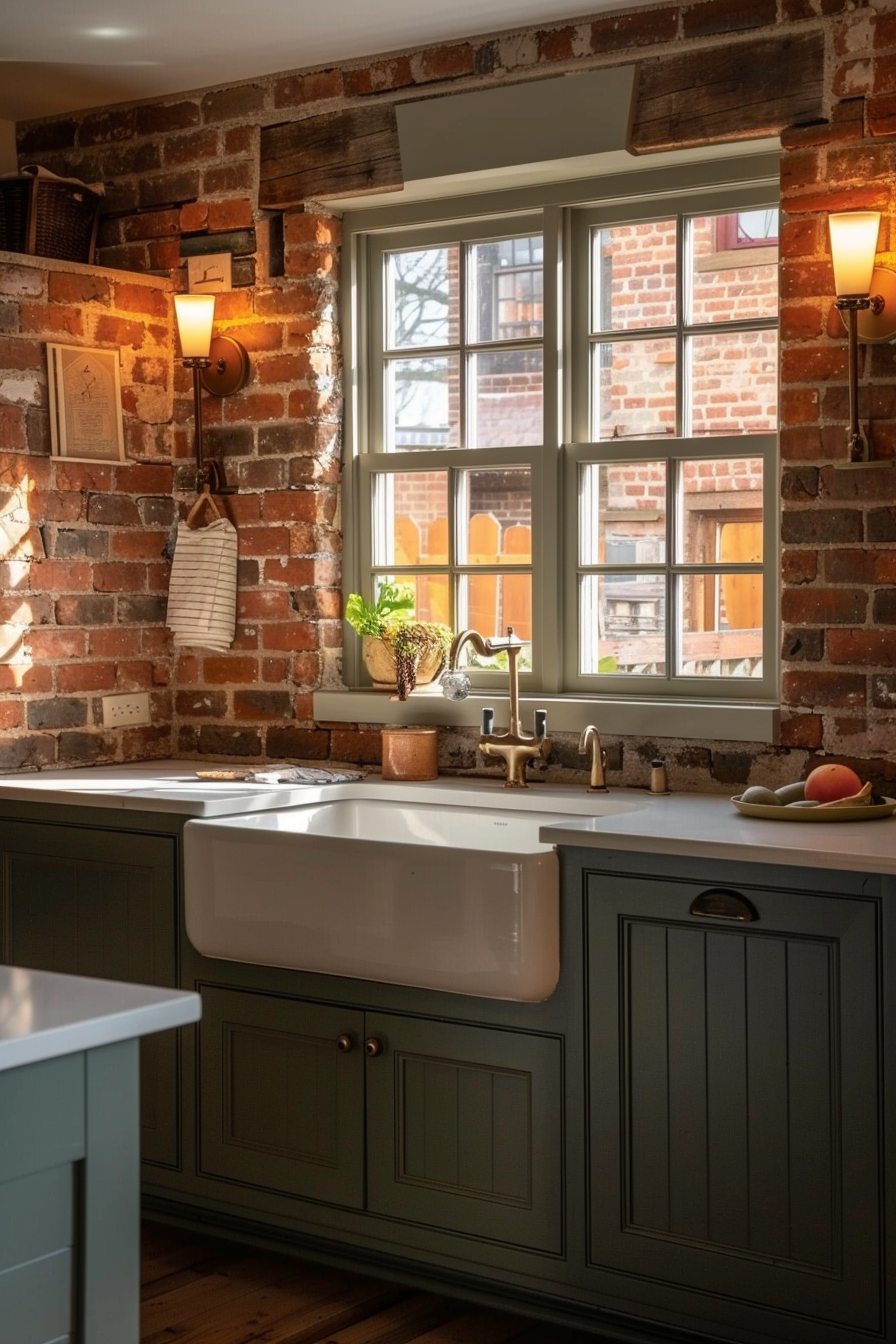 Cozy kitchen corner with exposed brick walls, farmhouse sink, gold faucet, and a window overlooking a brick building.