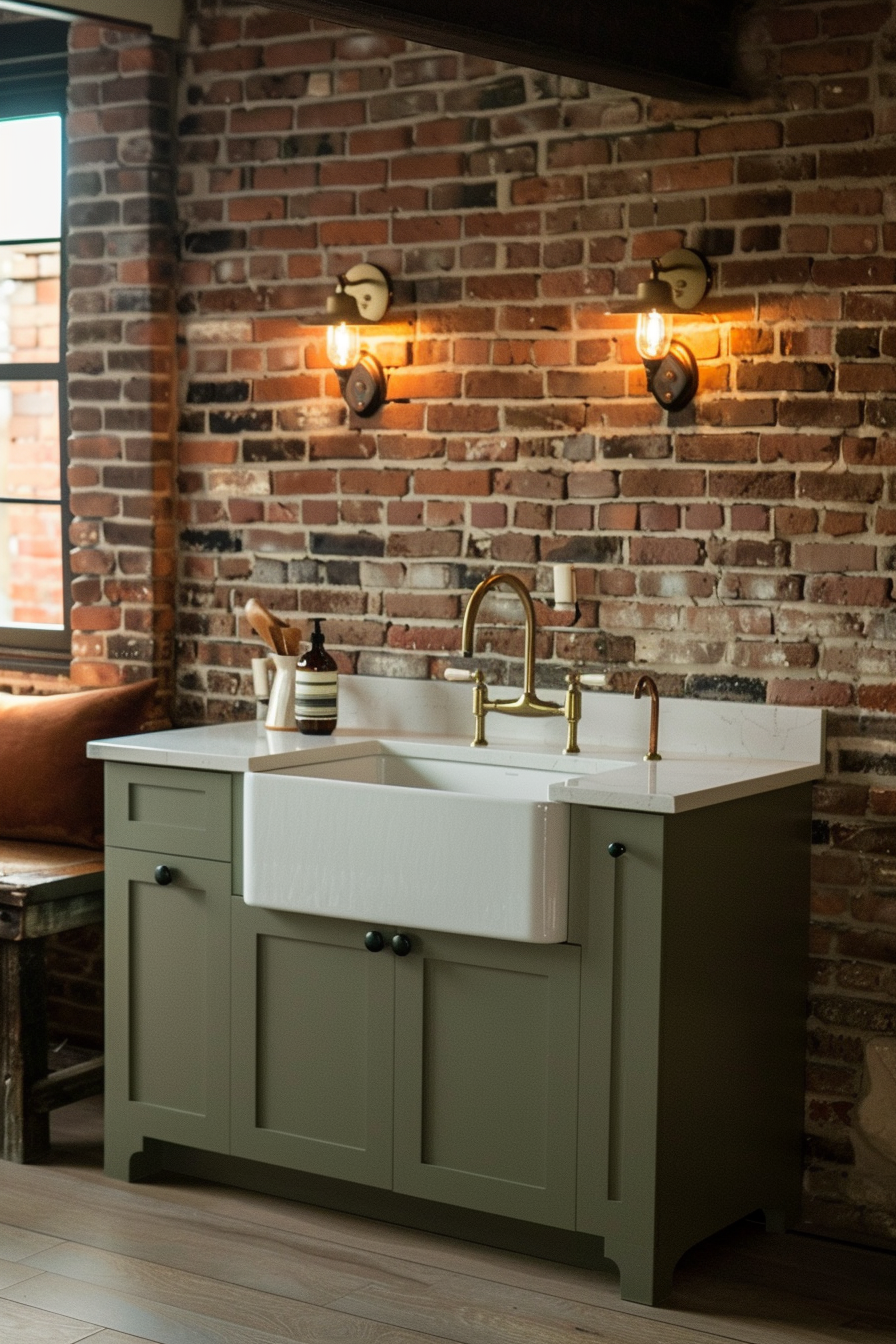 A vintage-style kitchen with an olive green island, white farmhouse sink, and exposed brick wall illuminated by wall sconces.