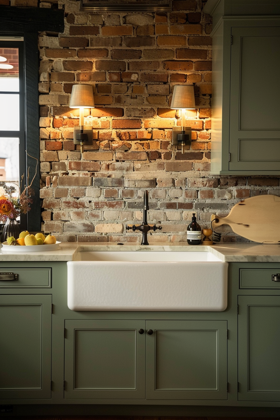 Elegant kitchen interior with exposed brick wall, two wall-mounted lights, and a farmhouse sink on olive green cabinetry.