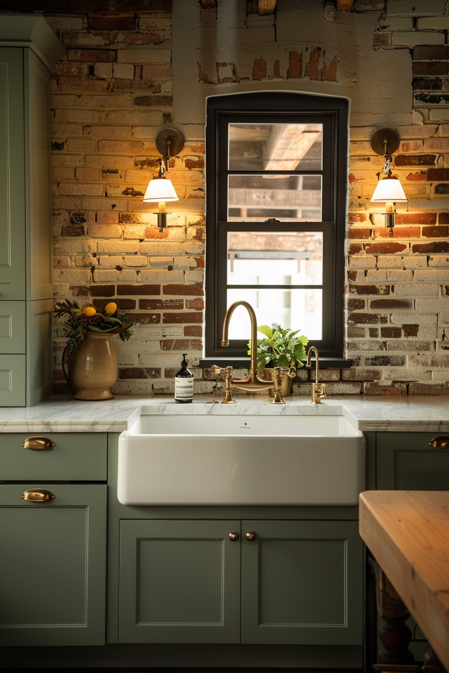 A cozy kitchen corner featuring a farmhouse sink, green cabinets, exposed brick walls, and brass fixtures, lit by warm sconce lighting.