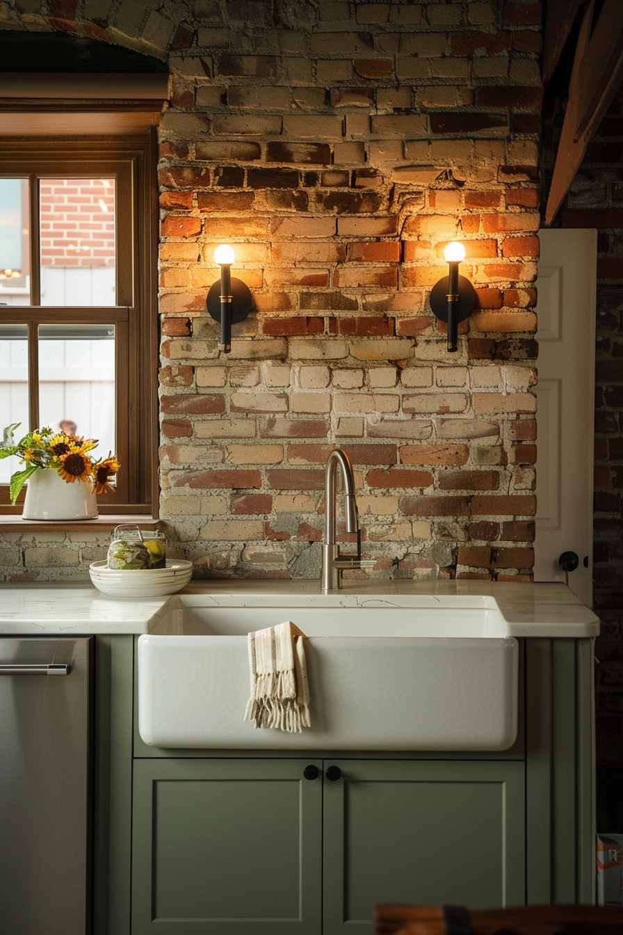 A cozy kitchen corner with a farmhouse sink, two wall lights, and exposed brick backdrop, accented by a small window and fresh flowers.