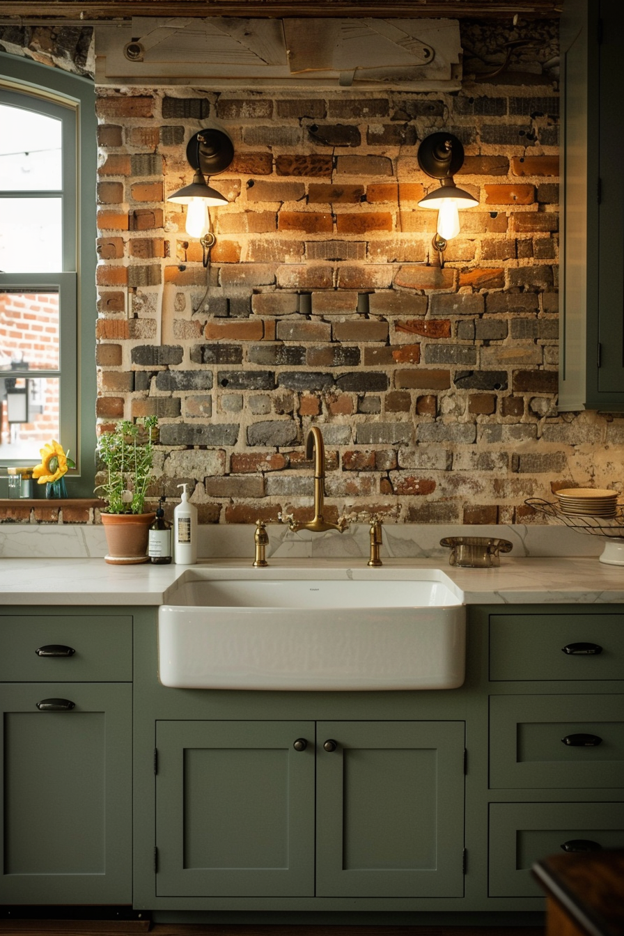 Rustic kitchen corner with exposed brick wall, brass faucet, white sink, and green cabinets under warm lighting.