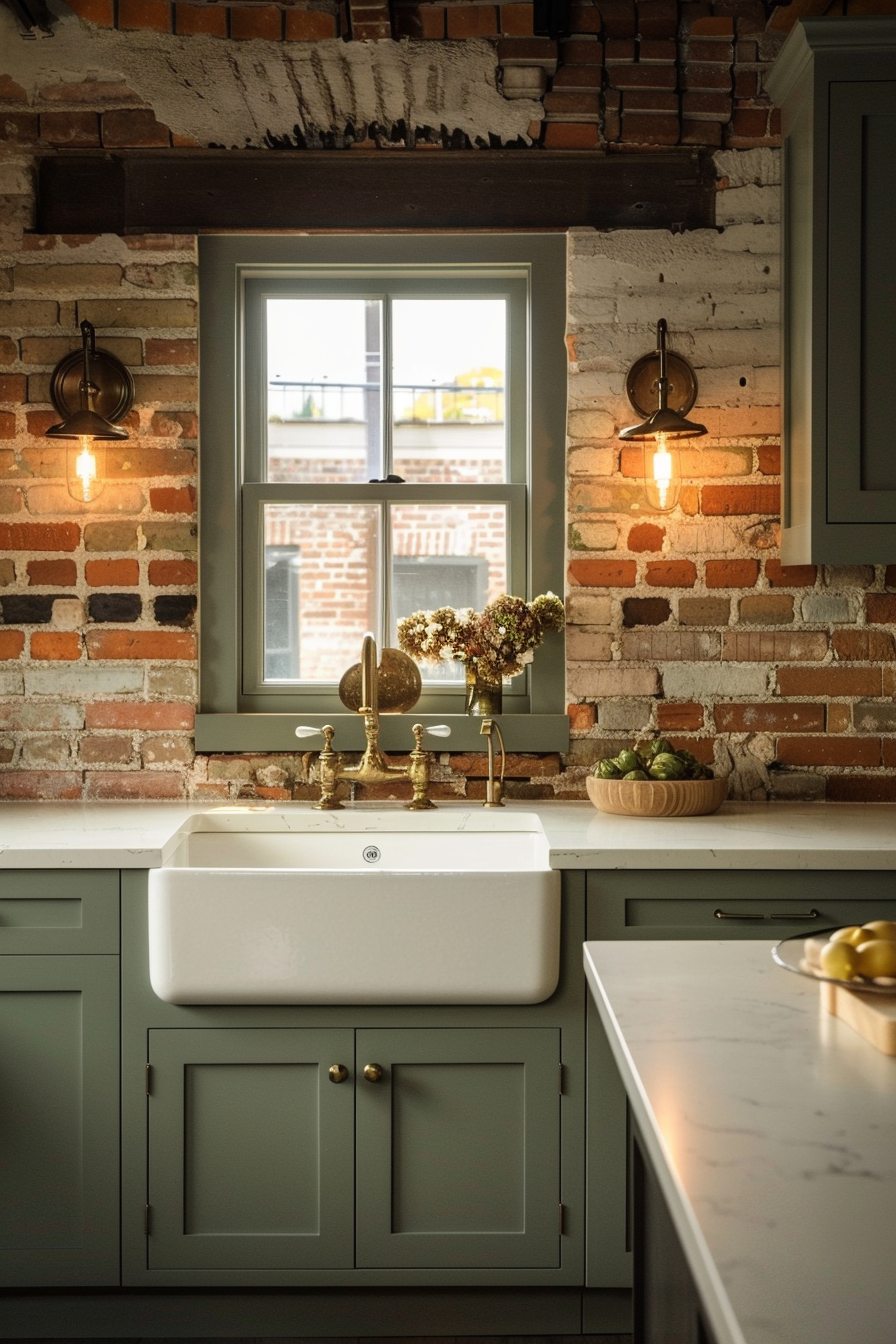 Rustic kitchen interior with exposed brick, a farmhouse sink, olive cabinets, and warm lighting from wall sconces.