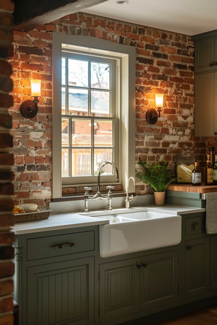 A cozy kitchen featuring a farmhouse sink, exposed brick wall, sconce lighting, and a view out of the window.