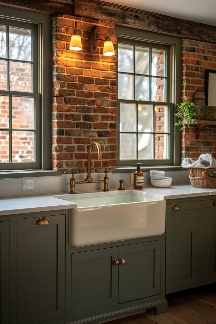 A cozy kitchen interior with exposed brick, farmhouse sink, olive cabinets, brass fixtures, and sconce lighting.