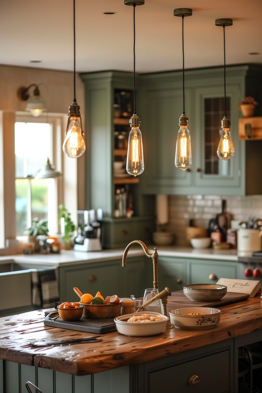 Vintage-style bulbs hanging over a wooden kitchen island with bowls of food and a cookbook.