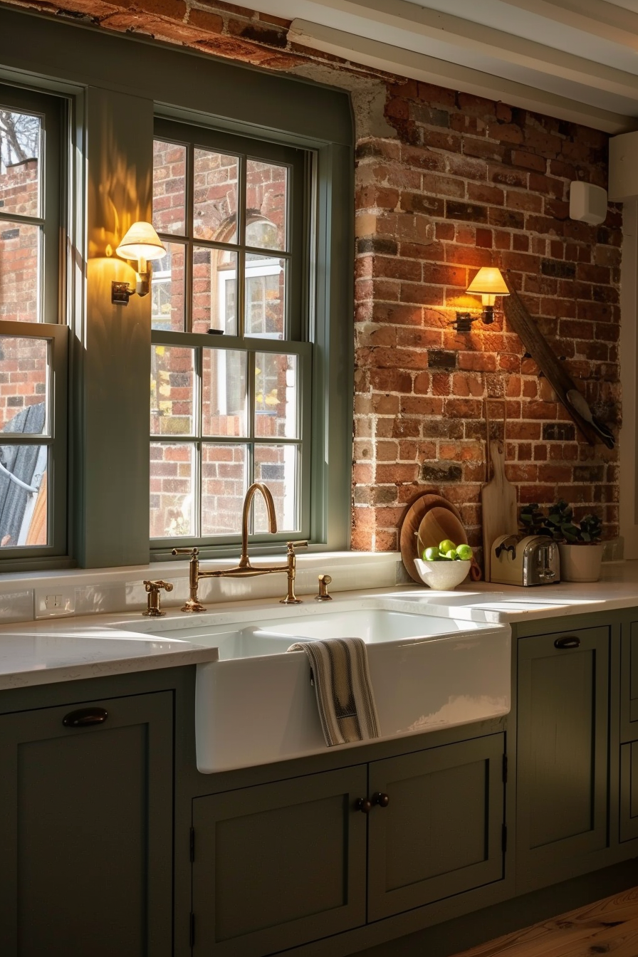 A cozy kitchen corner with a farmhouse sink, brass fixtures, exposed brick wall, and sage green cabinetry.