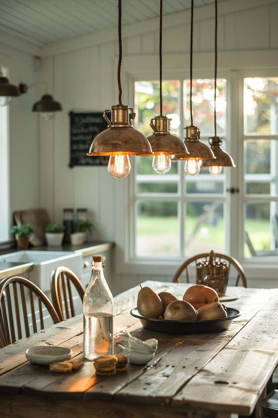 A cozy kitchen interior with pendant lights hanging over a wooden table with a bowl of pears and a water bottle.