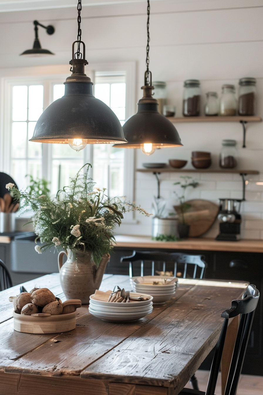 A cozy kitchen setting with pendant lights, a wooden table with plates, and a vase of wildflowers.