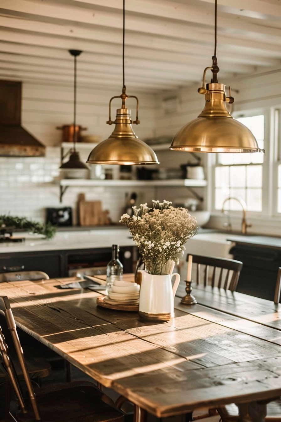 ALT: A cozy kitchen interior with golden pendant lights above a wooden table set with plates and a pitcher of baby's breath flowers.