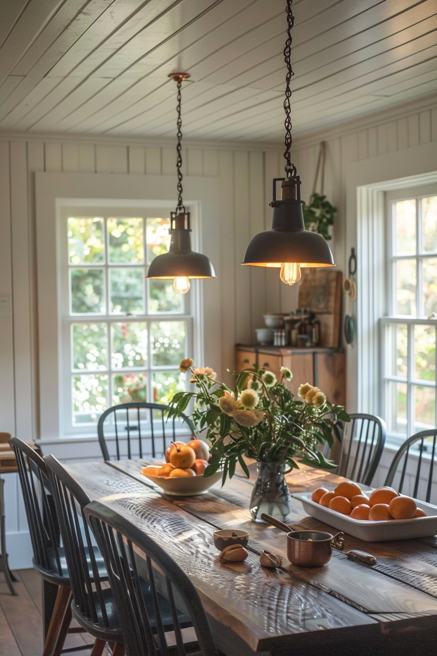 Cozy dining room with a wooden table, black chairs, pendant lights, and fresh flowers, with a view of a garden through the window.