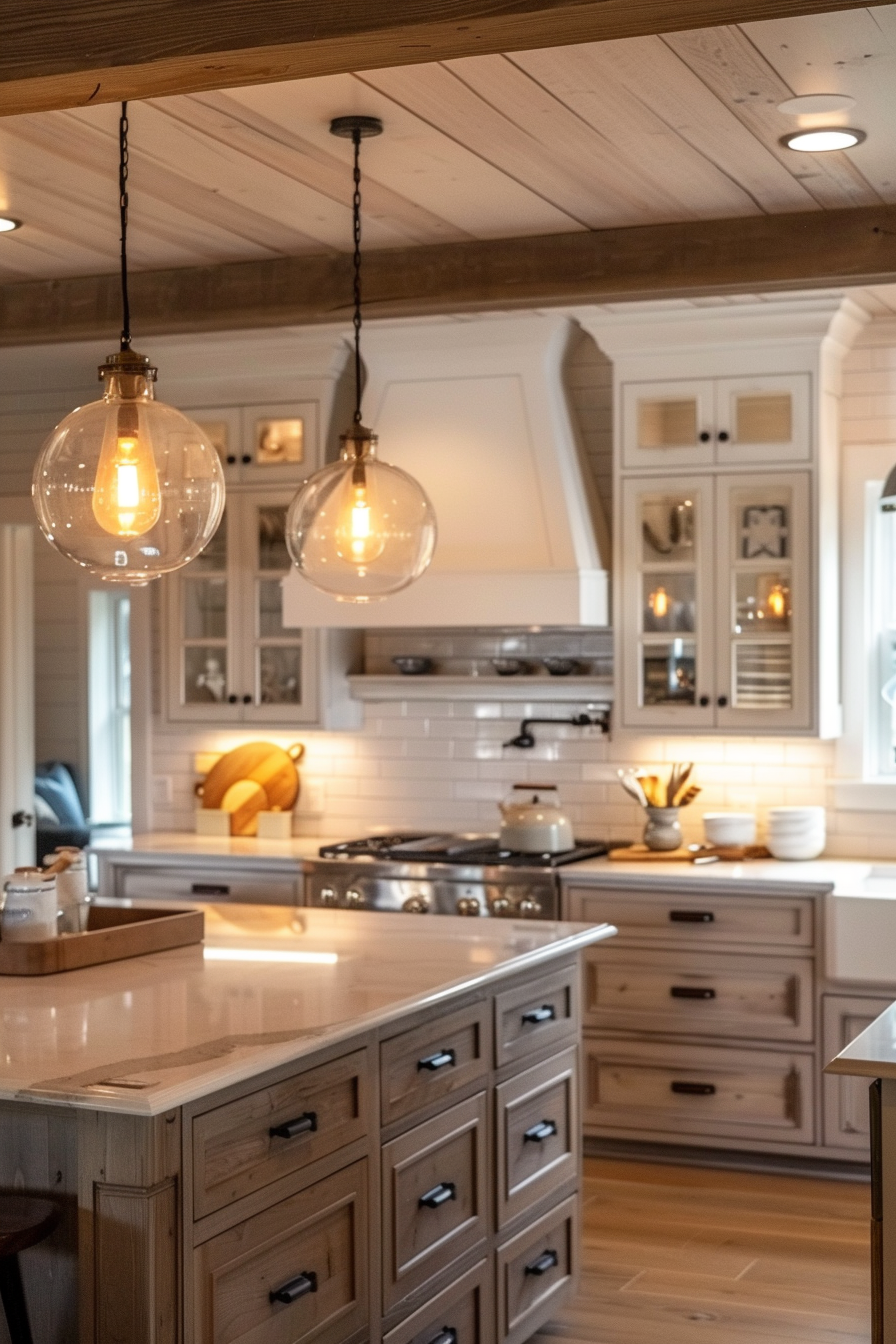 Warmly lit modern kitchen with hanging glass pendant lights, wooden cabinets, and white subway tile backsplash.