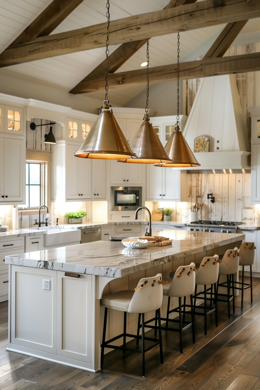 Elegant kitchen interior with a white marble island, wooden beams, and copper pendant lights.