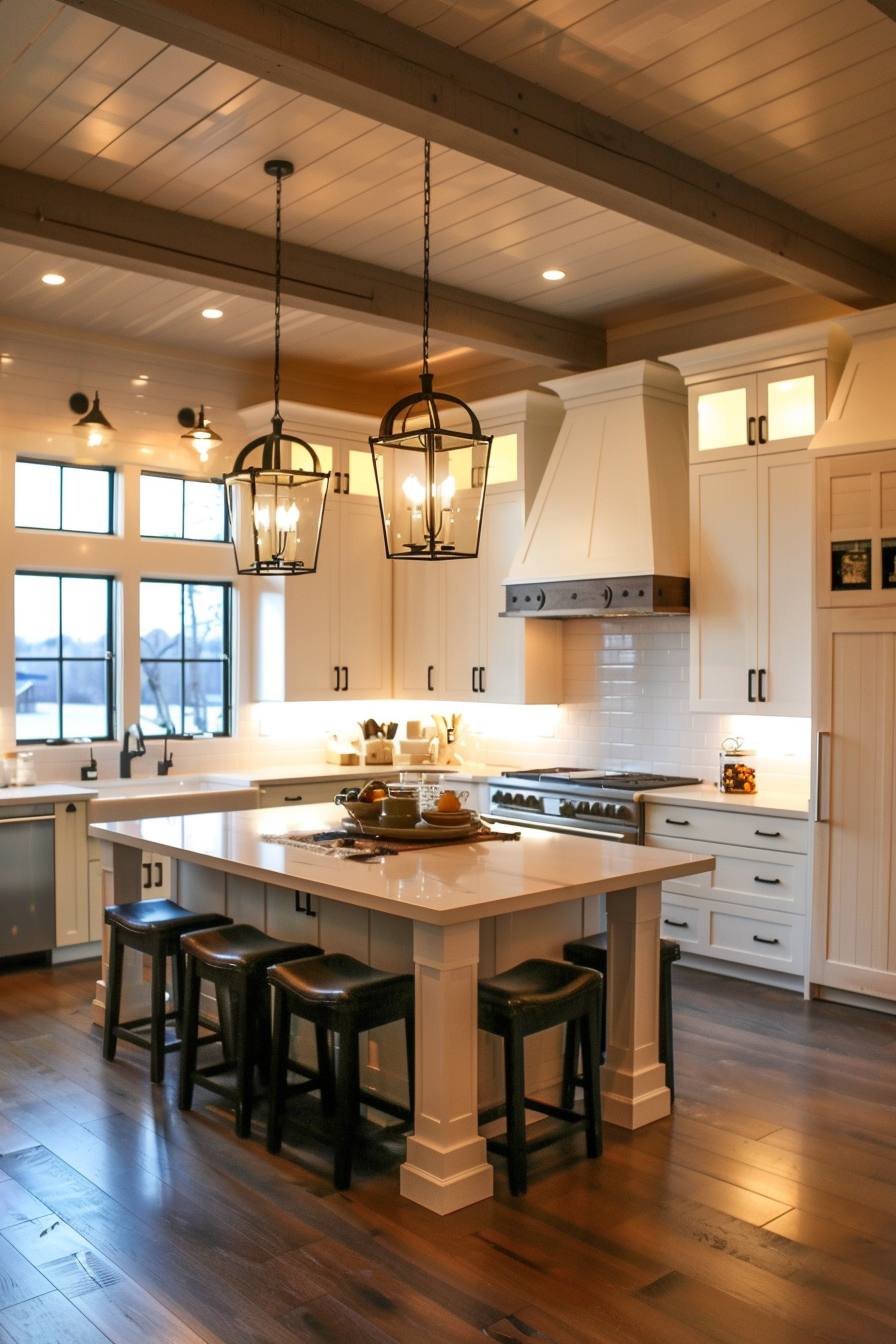 A modern kitchen interior with a large island, bar stools, pendant lighting, white cabinetry, and hardwood floors.