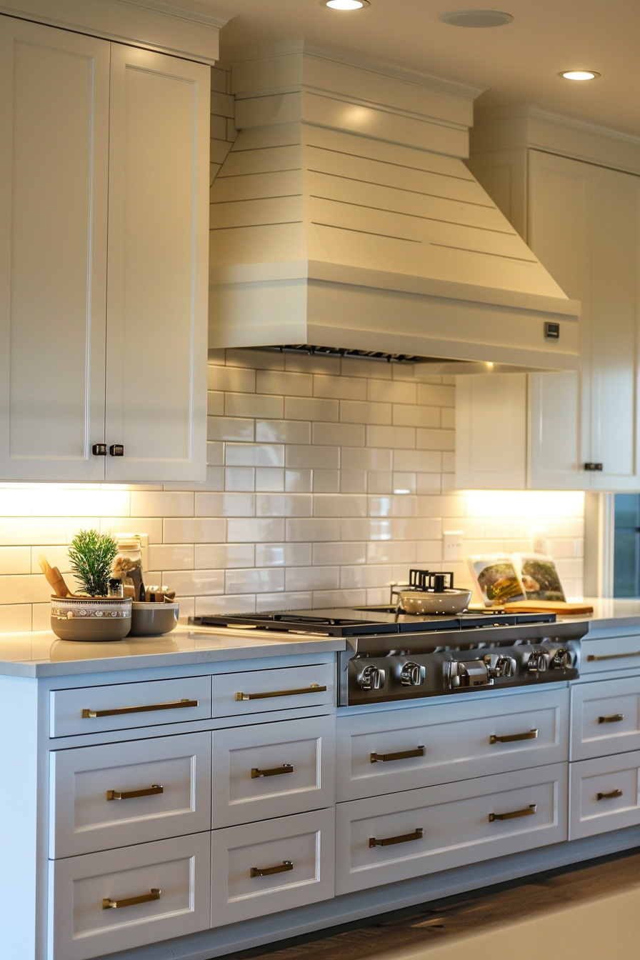 Modern kitchen with white cabinetry, subway tile backsplash, and a stainless-steel gas stove.